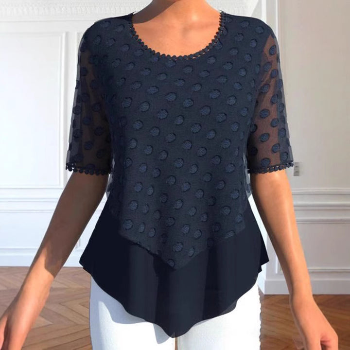 Damen nan elegante Lagenbluse mit transparentem Tüllüberzug, Pünktchenstruktur und asymmetrischem Zipfelsaum Drune