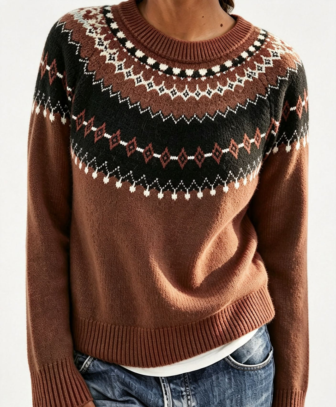 Damen Rundhalsausschnitt Norweger-Pullover mit Fair-Isle-Jacquard Drune