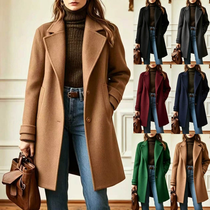 Damen Eleganter Wollmantel mit tailliertem Schnitt und Reverskragen Drune