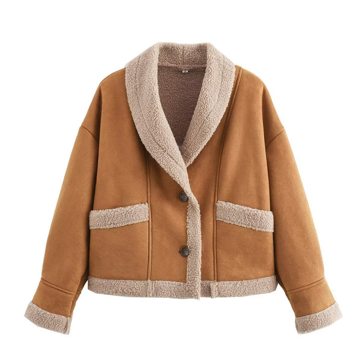 Damen nan boxy Kurzjacke im Aviator Look mit großem Schalkragen und Teddyfutter Drune
