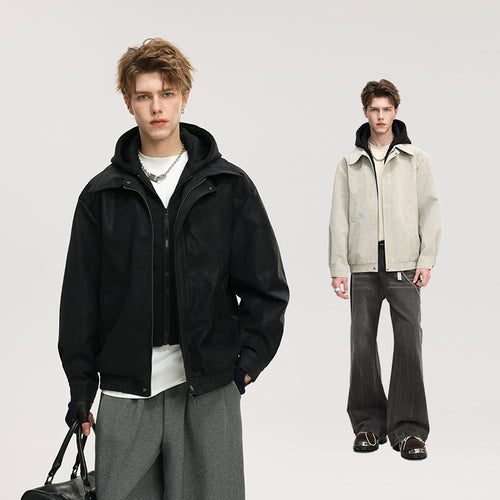 Herren Kunstleder-Blouson mit abnehmbarer Kapuze, verdecktem Reißverschluss und elastischem Saum Drune