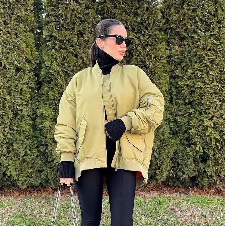 Damen lässige Bomberjacke mit elastischen Bündchen und praktischen Taschen Drune