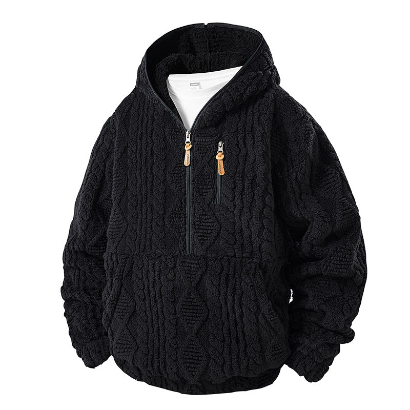 Herren Teddy-Fleece Halfzip-Kapuzenpullover mit Strukturstrick‑Optik, Brustreißverschluss und Kängurutasche Drune