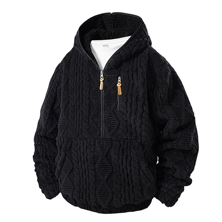 Herren Teddy-Fleece Halfzip-Kapuzenpullover mit Strukturstrick‑Optik, Brustreißverschluss und Kängurutasche Drune