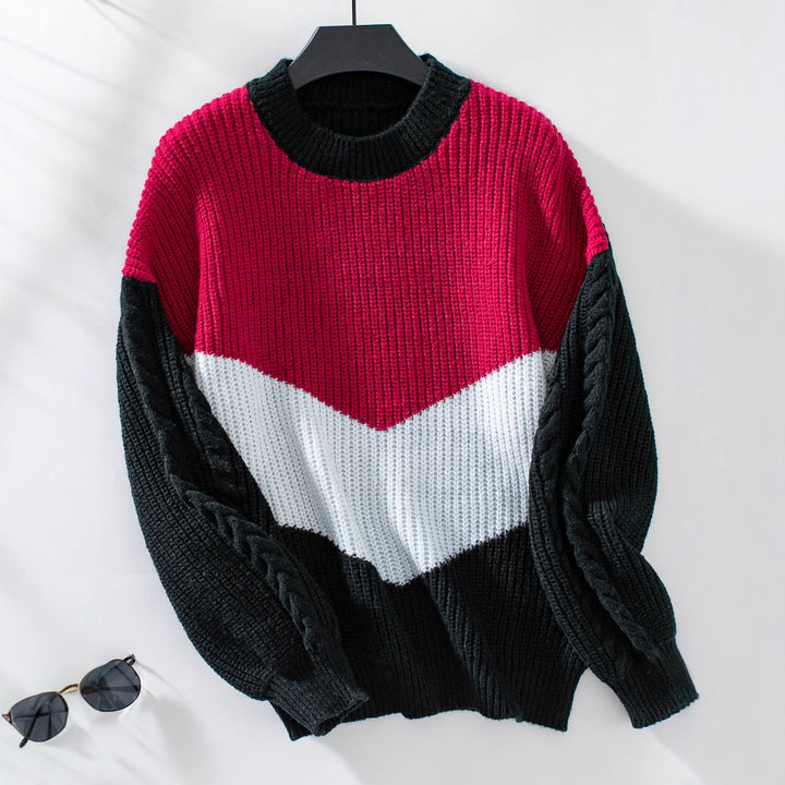 Damen Strickpullover mit modernen Farbblocklinien und Zopfmuster Drune