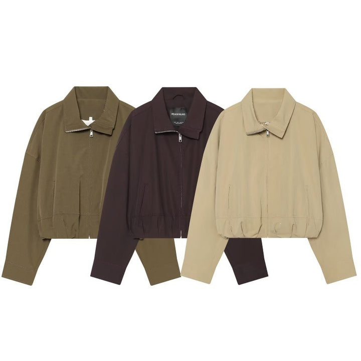 Damen Cropped Boxy‑Jacke mit Reißverschluss, Stehkragen und elastischem Saum Drune