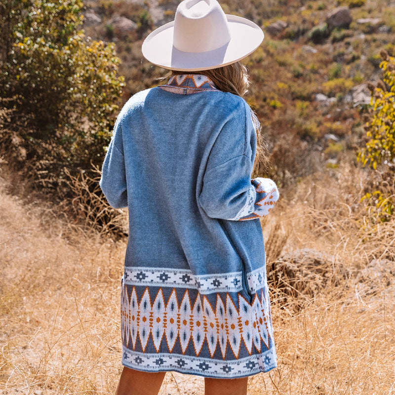 Damen Langarm-Strickjacke mit geometrischem Muster und offenen Taschen Drune