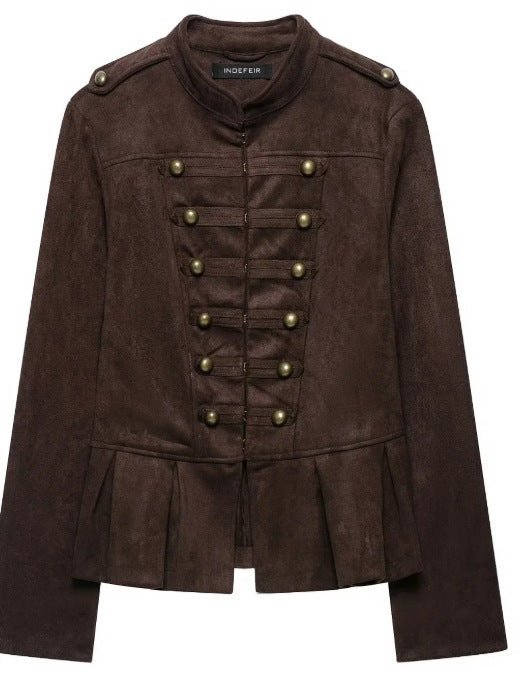 Damen Militärjacke aus Wildlederimitat mit Stehkragen und Schößchen Drune