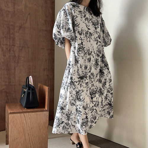Damen Ausgestelltes Midikleid mit floraler Toile‑Optik, Puffärmeln und Seitentaschen Drune