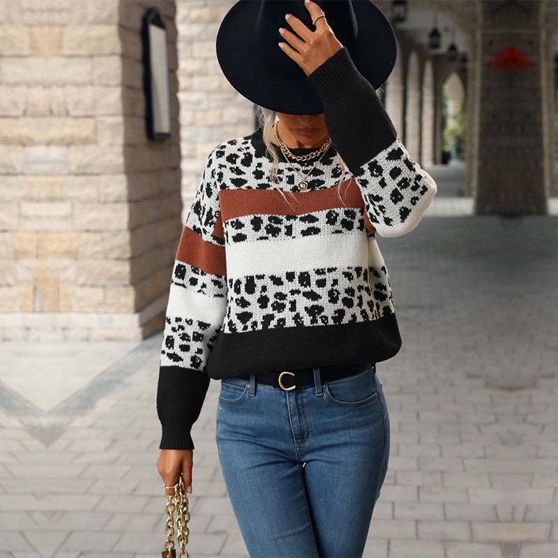 Damen Feinstrickpullover mit Animalprint‑Blockstreifen und geripptem Saum Drune