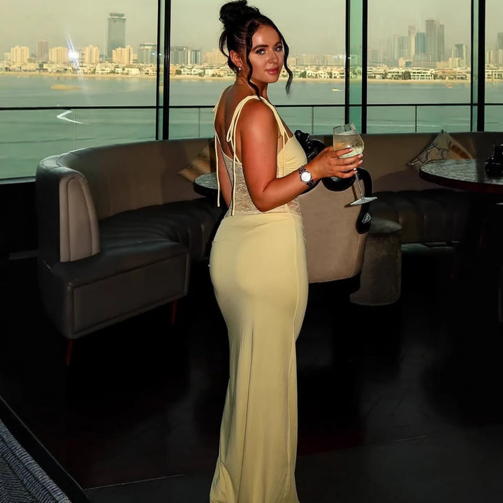 Damen elegantes langes Kleid mit raffiniertem Spitzenoberteil und verstellbaren Trägern Drune