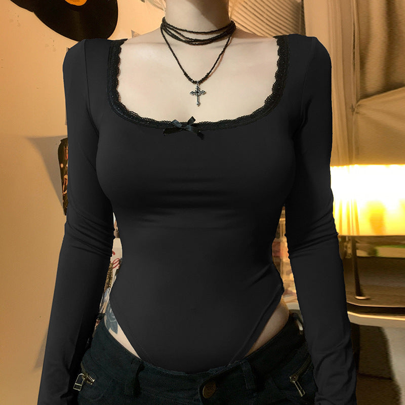 Damen Elegantes Langarm-Bodysuit mit Zierborte Drune