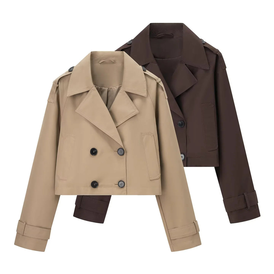Damen nan kurzgeschnittener Cropped‑Trenchcoat mit doppelreihiger Knopfleiste und Schulterklappen Drune