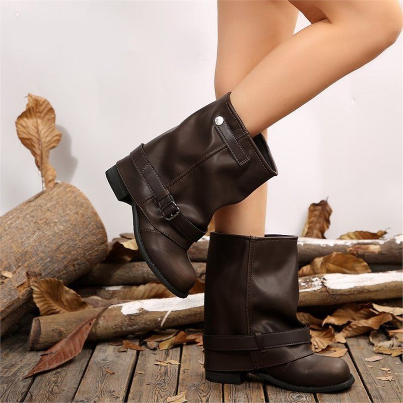 Damen Slouchy Bikerstiefel aus Lederoptik mit verstellbarem Schnallenriemen und mittlerem Blockabsatz Drune