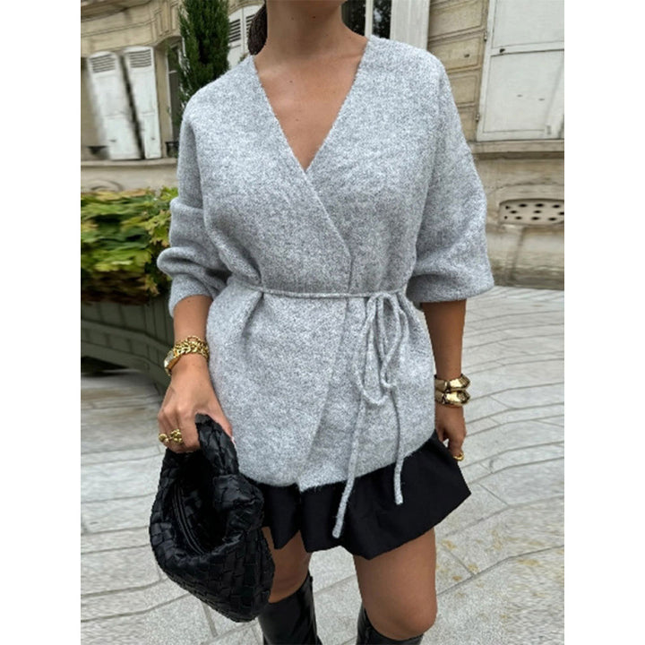 Damen eleganter Wickelstrickmantel mit Gürtel Drune