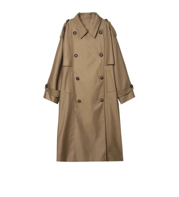 Damen Langer Oversize-Trenchcoat in veganer Lederoptik mit Bindegürtel und breitem Revers Drune