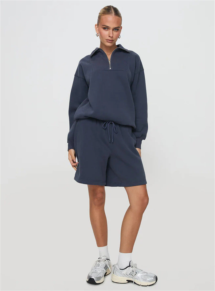 Damen lässiger Sweatshirt- und Short-Anzug mit Stehkragen und praktischem Reißverschluss Drune