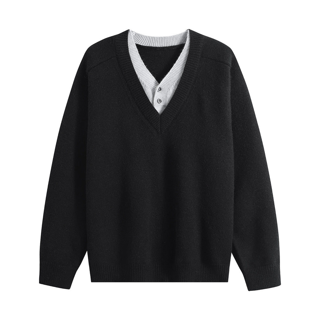 Unisex Oversize V‑Neck Strickpullover mit eingearbeiteter Henley-Optik Drune