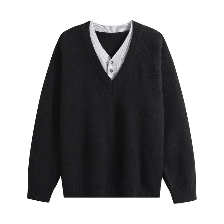 Unisex Oversize V‑Neck Strickpullover mit eingearbeiteter Henley-Optik Drune
