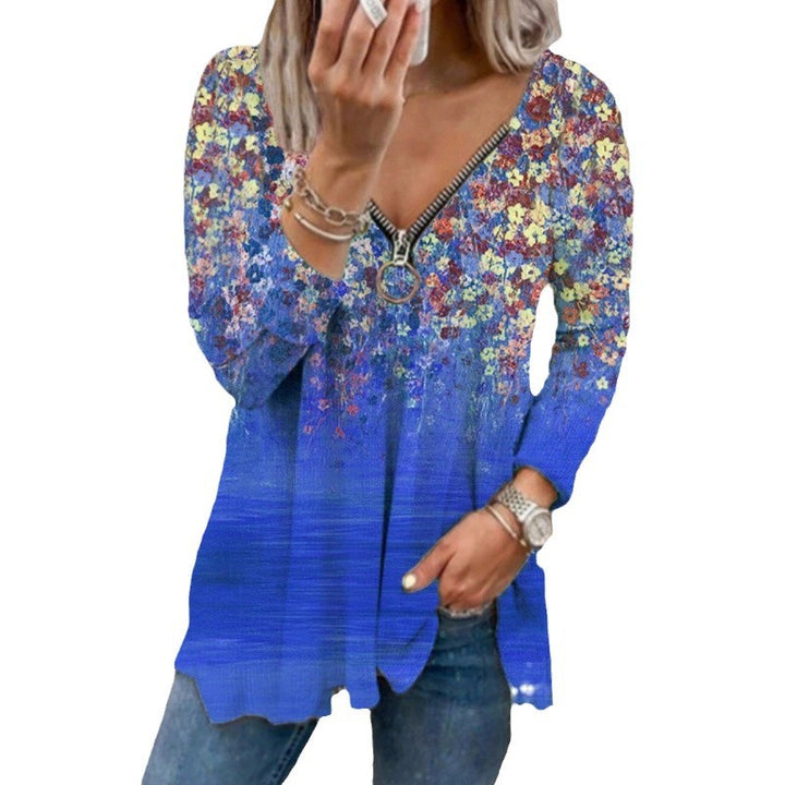 Damen Langarmshirt mit farbenfrohem Blütenmuster und modernem Zipper Drune