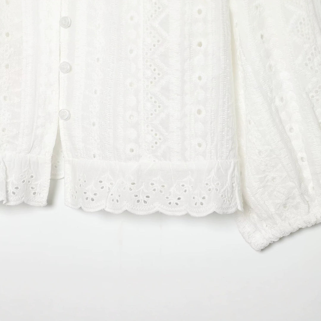 Damen Baumwoll-Spitzen-Cardigan mit V‑Ausschnitt, Knopfleiste und Ballonärmeln Drune