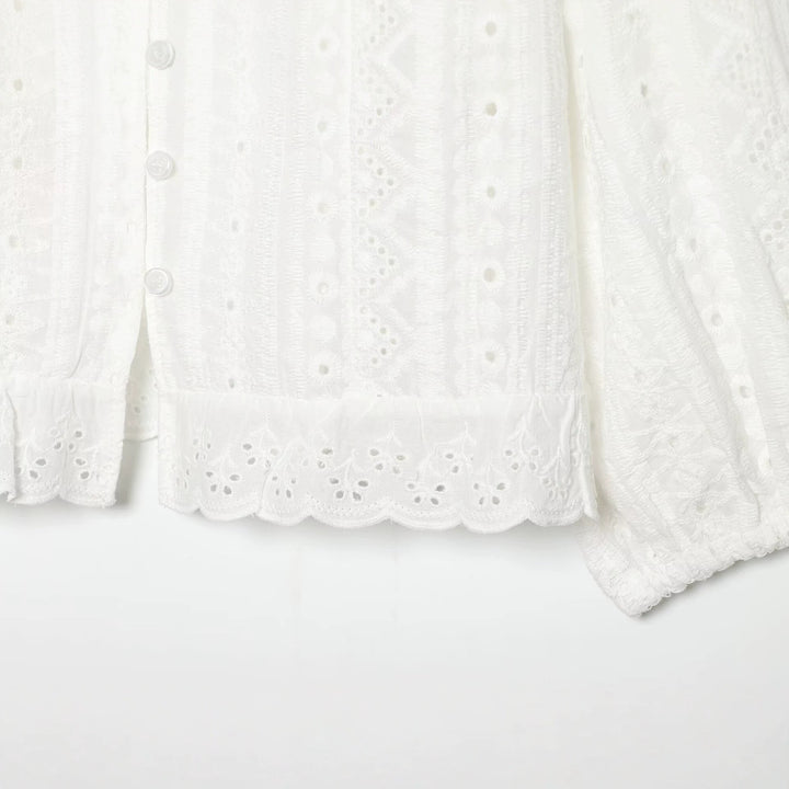 Damen Baumwoll-Spitzen-Cardigan mit V‑Ausschnitt, Knopfleiste und Ballonärmeln Drune