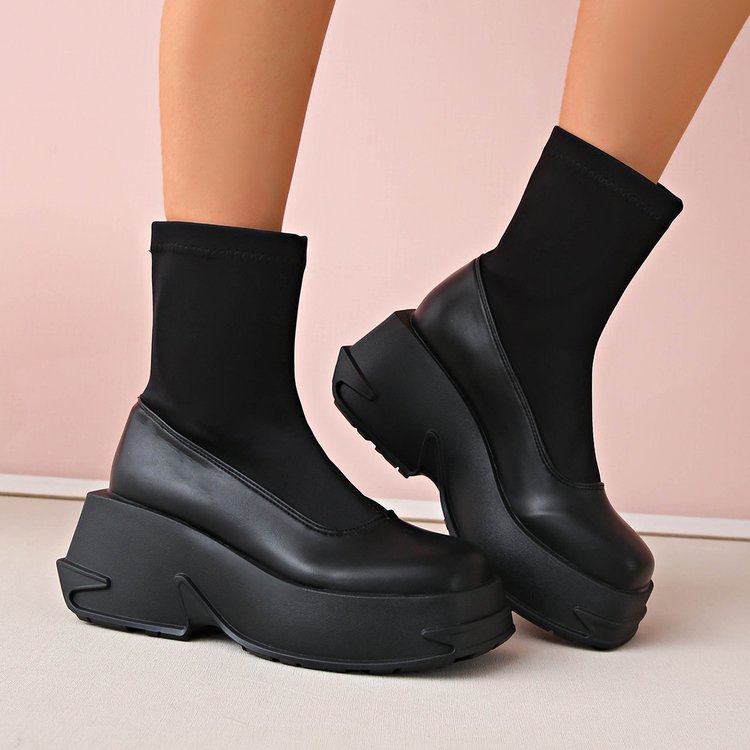 Damen Chunky Plateau‑Stiefelette mit elastischem Sock‑Schaft und skulpturierter Profillaufsohle Drune