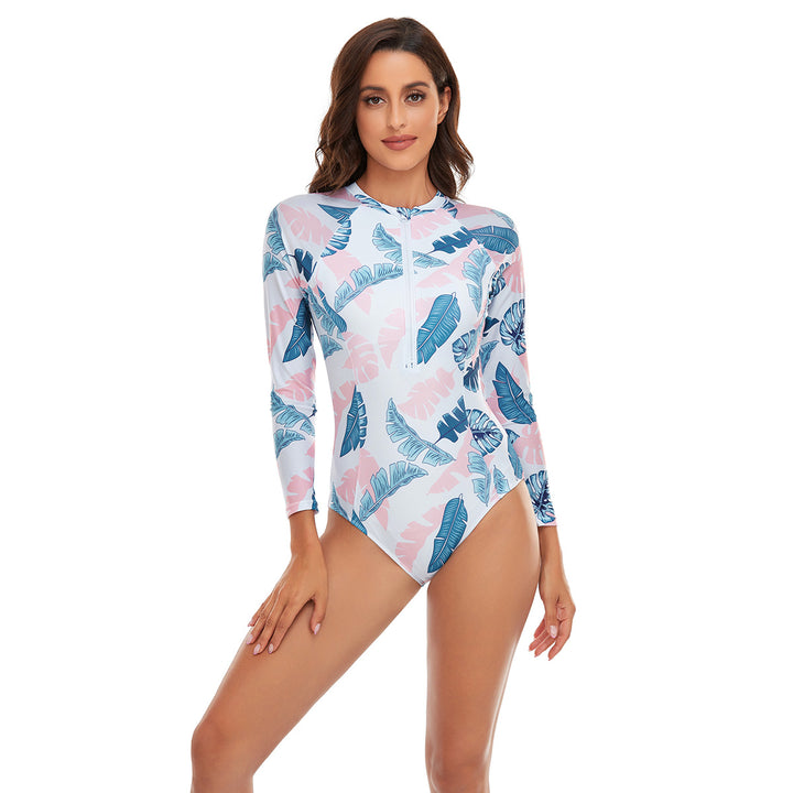 Damen Sportlicher Langarm-Badeanzug mit floralem Muster Drune