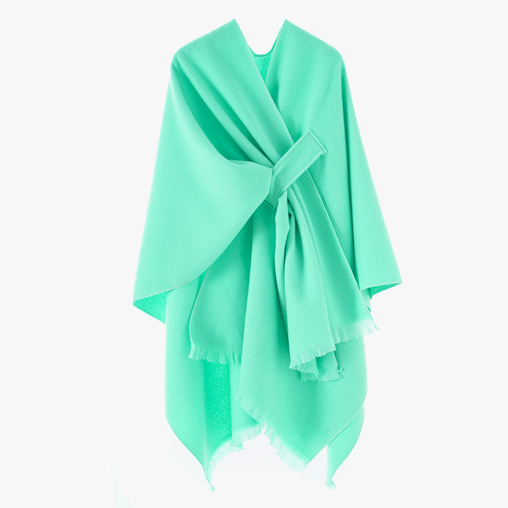 Damen Strickponcho mit geometrischem Blockmuster und Fransen Drune