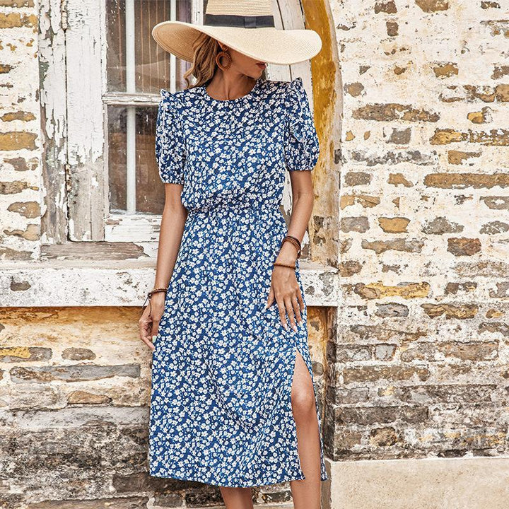 Damen Midi-Kleid mit floralen Rüschendetails und seitlichem Schlitz Drune