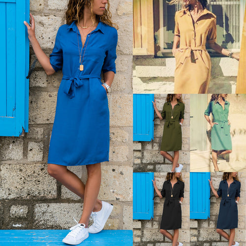 Damen Hemdblusenkleid mit Bindegürtel und praktischen Taschen Drune