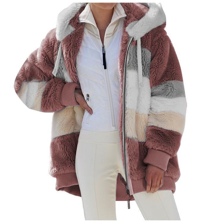 Damen nan oversized Kunstfelljacke mit Kapuze, Blockstreifen-Optik und zweifachem Reißverschluss Drune