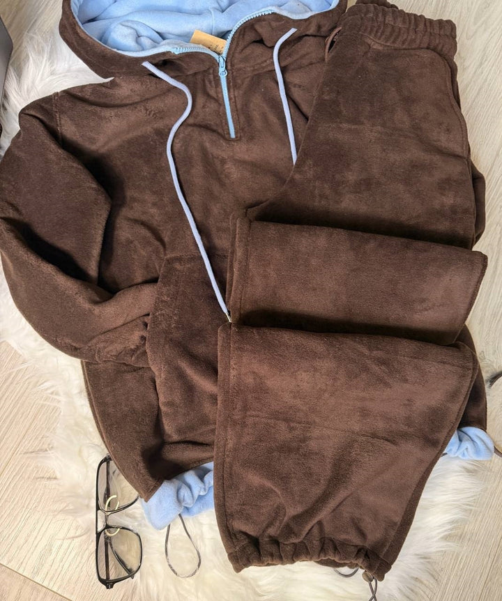 Damen Fleece-Loungewear-Set mit halbem Frontzip, gefütterter Kapuze und hochgeschnittener Komforthose Drune