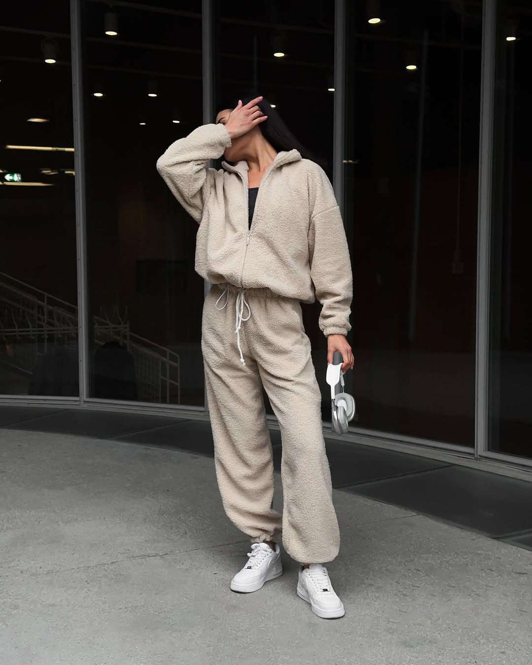 Damen Teddy-Fleece-Loungewear Set mit halbem Reißverschluss elastischem Tunnelzugbund und weitem Bein Drune