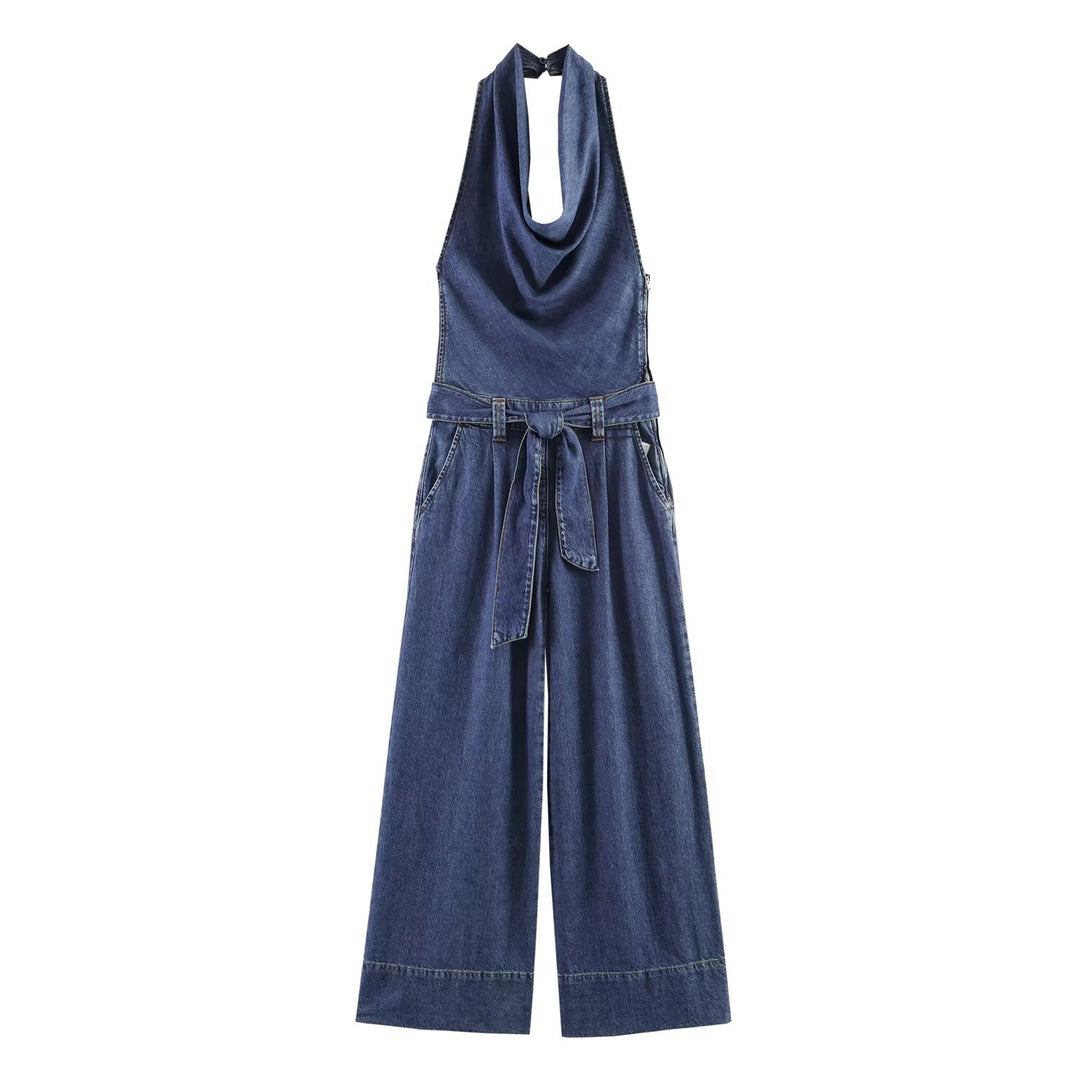 Damen Jumpsuit mit tiefem V-Ausschnitt und weitem Bein Drune