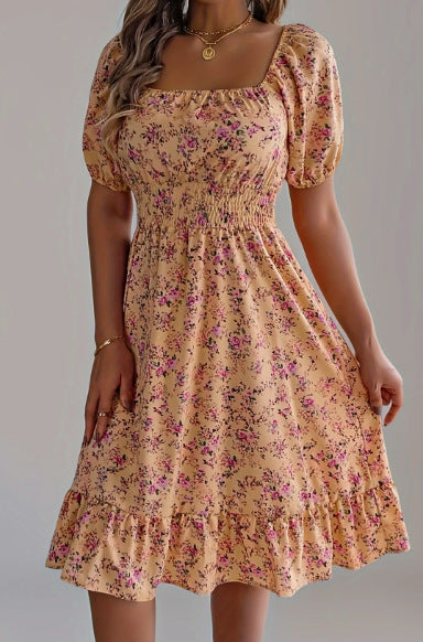 Damen sommerliches Blumenkleid mit Puffärmeln und Rüschensaum Drune