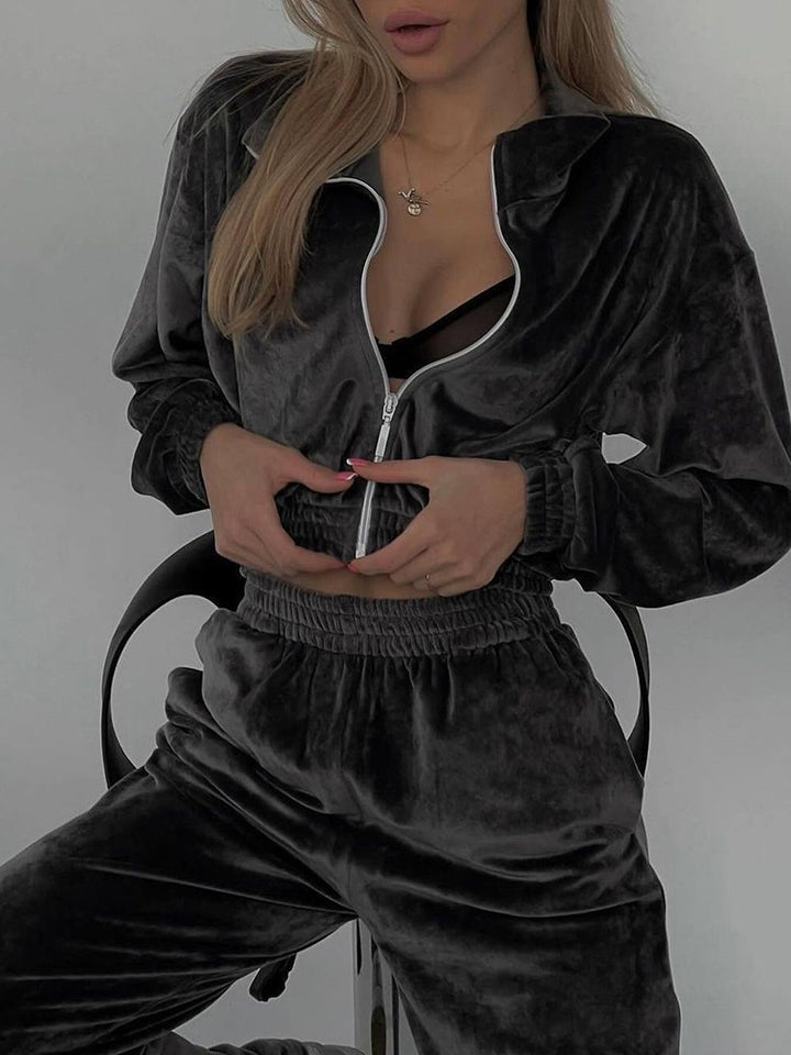 Damen luxuriöses Velours Lounge-Set mit kurzem Reißverschlussjacke und hochtaillierter Gummibund-Jogger Drune