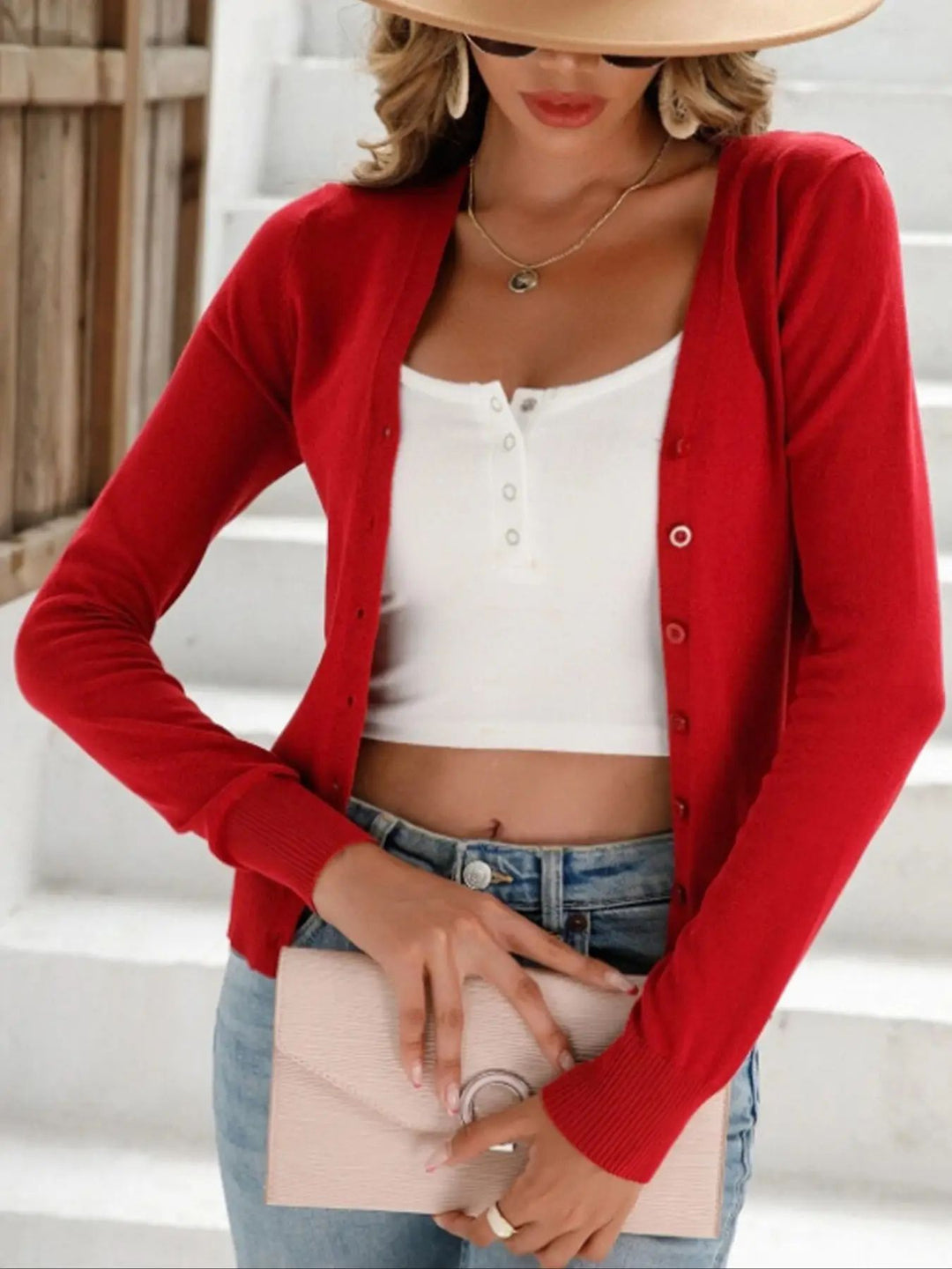 Damen kurzärmliger Strickcardigan mit eleganten Knöpfen und feiner Textur Drune