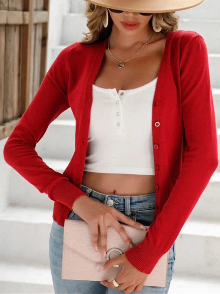 Damen kurzärmliger Strickcardigan mit eleganten Knöpfen und feiner Textur Drune