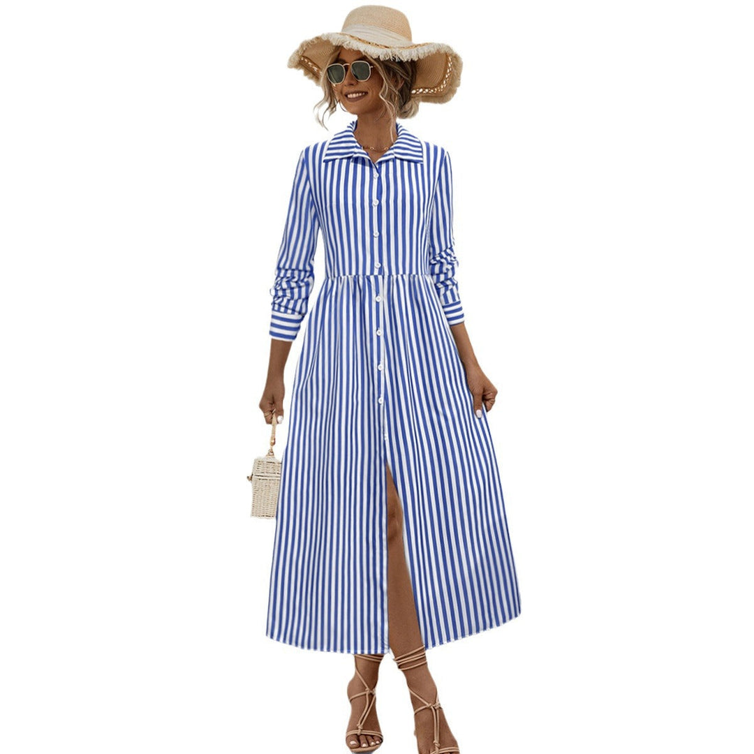 Damen Midi-Kleid mit eleganten Streifen und strukturierter Knopfleiste Drune