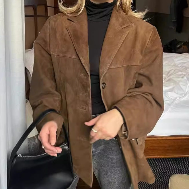 Damen Modischer Wildlederblazer im lässigen Oversized-Stil Drune