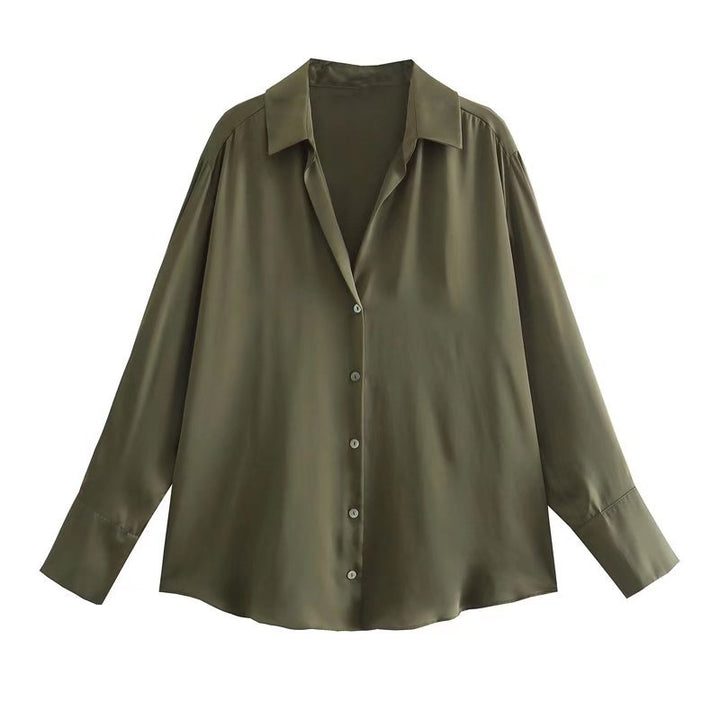 Damen Oversized Satinbluse mit Hemdkragen und breiten Manschetten Drune