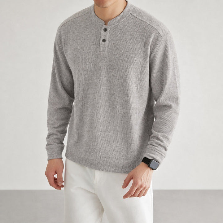 Herren Langarm Waffelstrick-Henley-Pullover mit Knopfleiste Drune