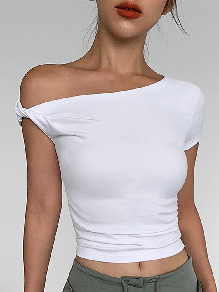 Damen Off-Shoulder Crop-Top mit seitlichem Knoten Drune
