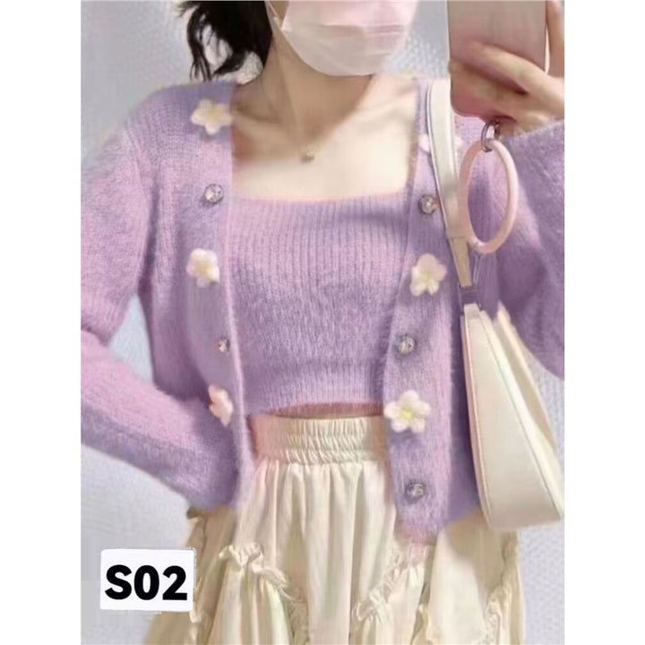 Damen modisches Strick-Top mit floralem Design und dazu passender offener Strickjacke Drune