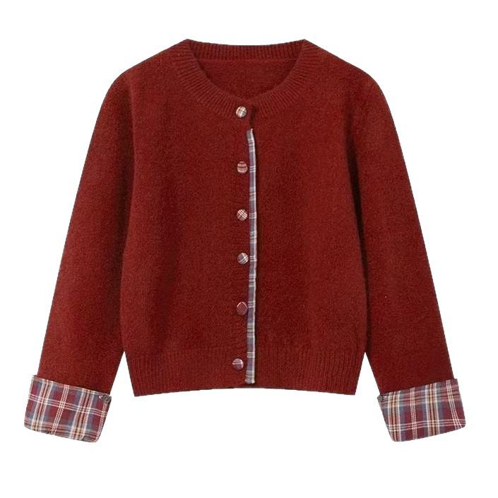Damen modische Strickjacke mit Karomuster und praktischen Knöpfen Drune