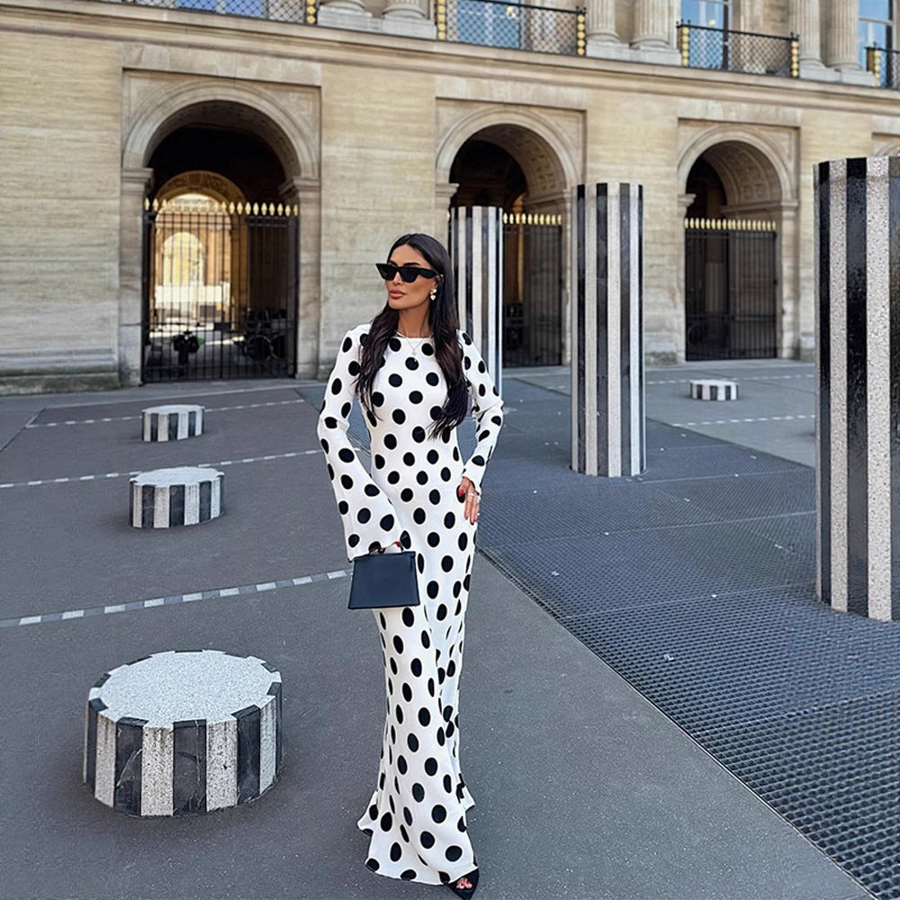 Damen Figurbetontes Polka-Dot Maxikleid mit Trompetenärmeln & Rundhalsausschnitt Drune
