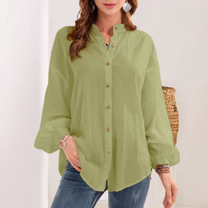Damen Lose Crinkle Bluse Top mit Stehkragen und Ballonärmeln Drune