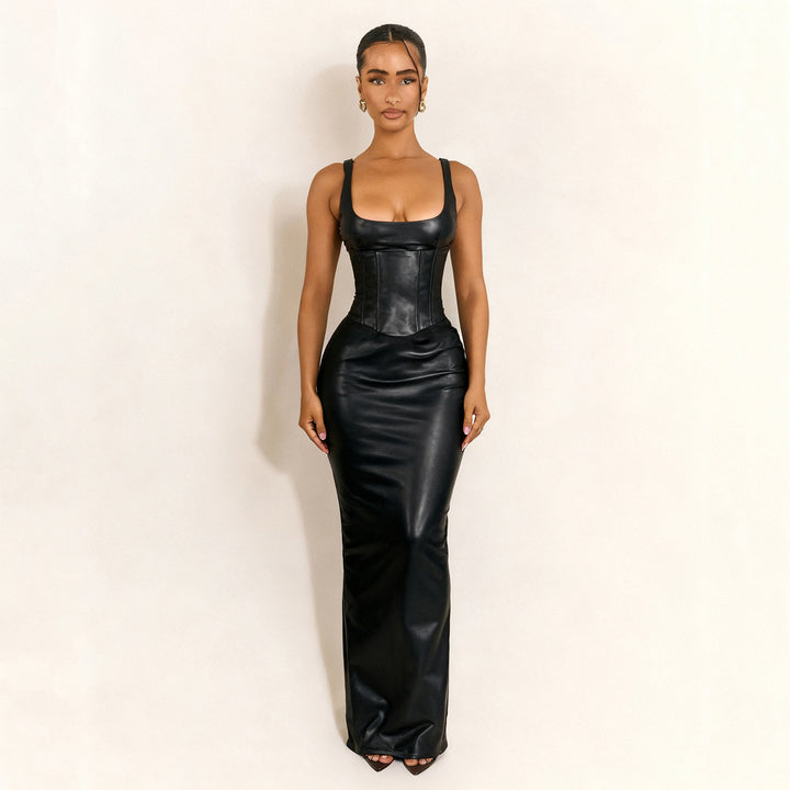 Damen Figurumspielendes Kunstlederkleid mit charmanten Trägern Drune