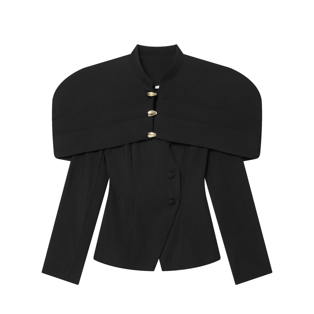 Damen 100+ eleganter taillierter Blazer mit Cape‑Schulter und goldenen Zierknöpfen Drune